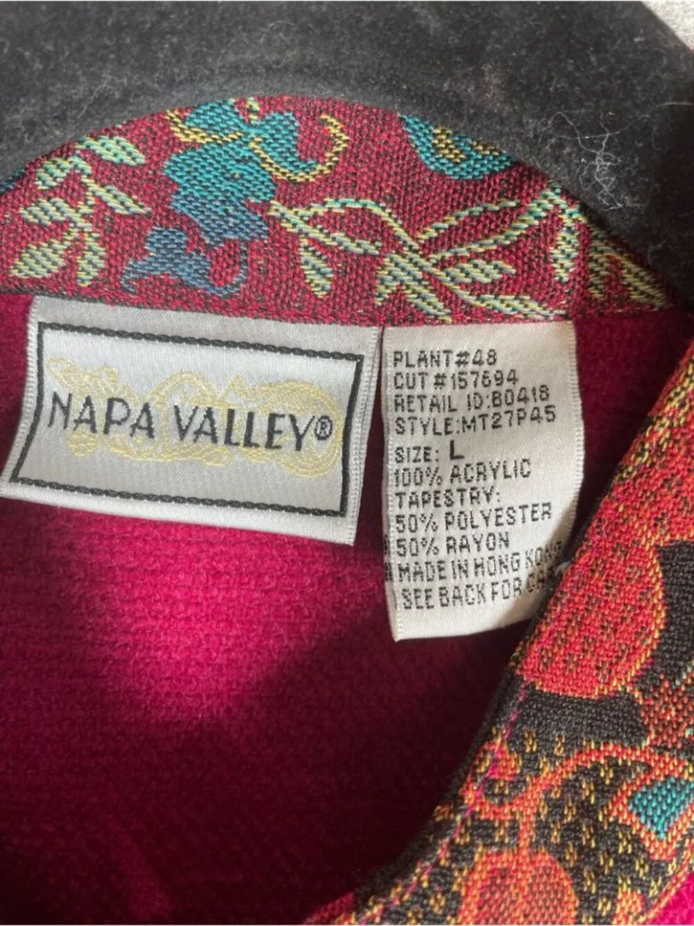 Vintage Napa Valley Embroidered Magenta Jacket Paisley Trim Large Boho Artsy